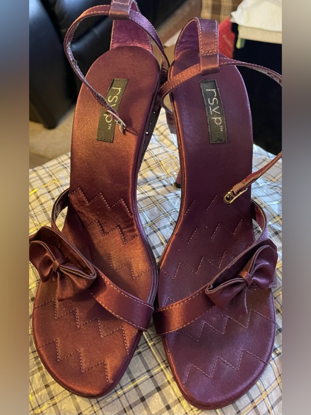 RSVP Satin Bow Strappy High-Heel Sandals in Plum